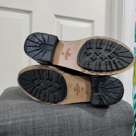 Valentino Garavani Black Leather Floral Applique Combat Boots Women's Size 6 - Picture 9 of 11